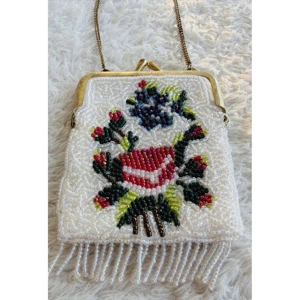 Vintage Floral Hand Beaded Fringe Chain Strap Tiny Seed Evening Purse Flapper